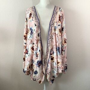 Floral Batwing Kimono Cardigan Wrap Lightweight Cover-Up Pink Boho Festival S/M